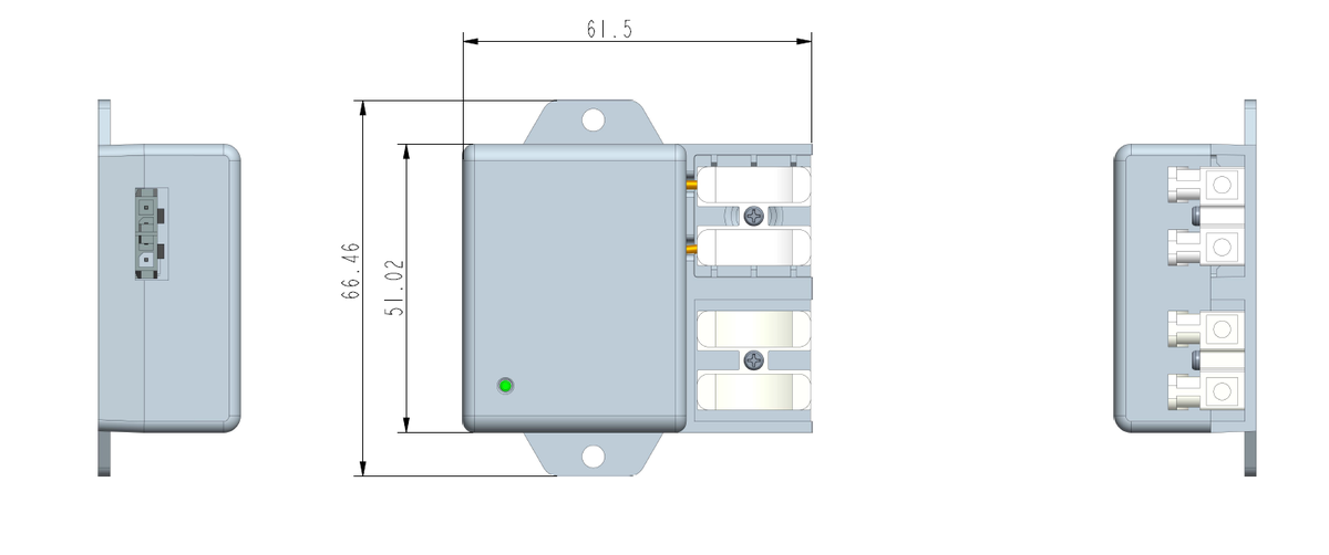 P-Box mechanical drawing with mounting tabs and terminal block